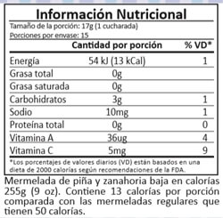 Información Nutricional de mermelada de Piña y Zanahoria